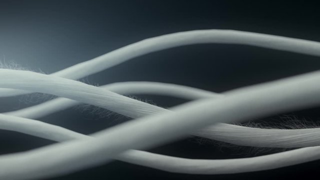 a close up on a group of threads moving in space, creating curves.