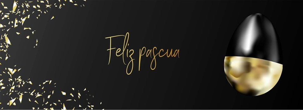 Horizontal banner, advertising poster and header for easter website. Black elegant background. Golden egg and confetti. Translation from Spanish HAPPY EASTER..