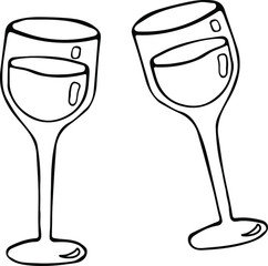two glasses of wine. romantic. Cartoon doodle. Cute illustrations