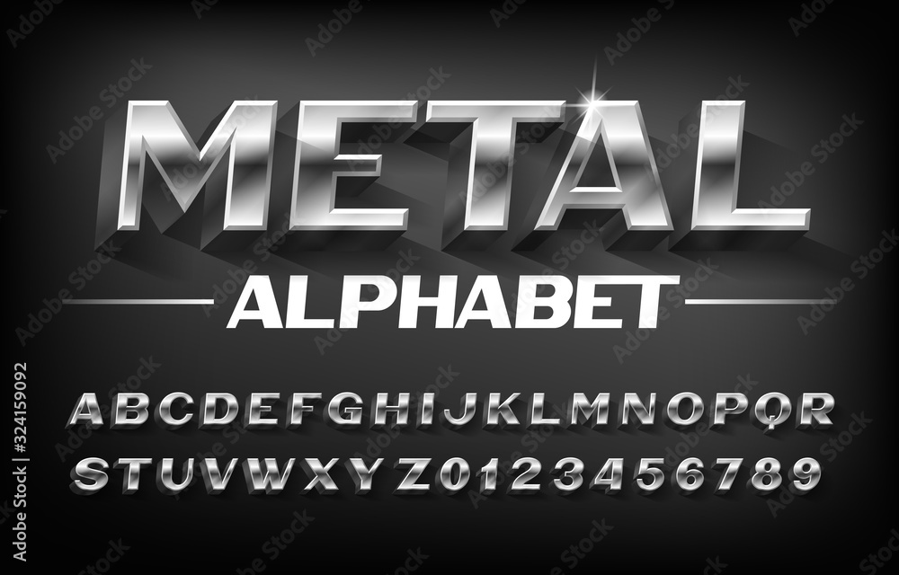 Fototapete metal alphabet font. 3d beveled chrome letters and numbers with shadow. stock vector typescript for 