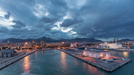 Obraz premium Aerial view of sea with wawes and port from ship sailing in the open sea timelapse