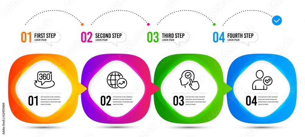 Poster 360 degree, world statistics and select user line icons set. timeline steps. identity confirmed sign