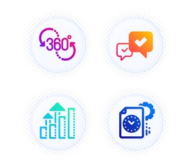 360 degree, Analysis graph and Approve icons simple set. Button with halftone dots. Project deadline sign. Virtual reality, Targeting chart, Accepted message. Time management. Technology set. Vector