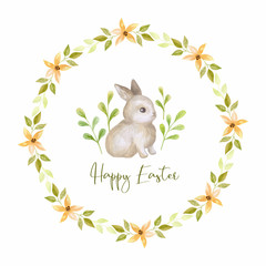 Cute Easter bunny with spring flowers. Watercolor hand painted illustration isolated on a white background.