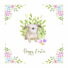Cute Easter bunny with spring flowers. Watercolor hand painted illustration isolated on a white background.