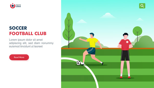 Soccer or football club landing page design, illustration of soccer player. grub of people play soccer or football on the field. vector illustration