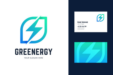 Logo and business card template with leaf and lightning sign. Vector illustration in origami, gradient style for green energy, eco companies.