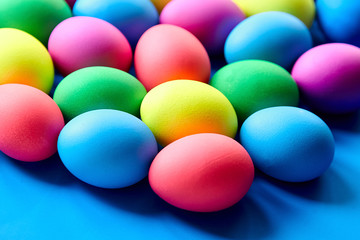 Easter eggs background. Colorful painted chicken eggs. Christian holiday traditions. Traditional symbol