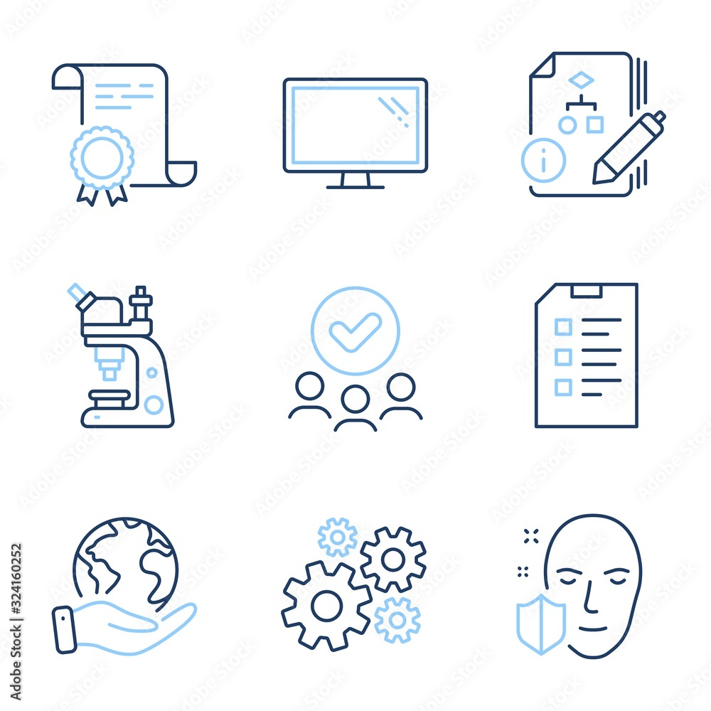 Poster algorithm, face protection and checklist line icons set. diploma certificate, save planet, group of 