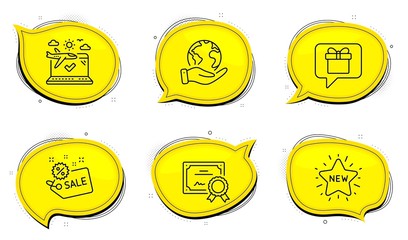 Airplane travel sign. Diploma certificate, save planet chat bubbles. Wish list, New star and Sale line icons set. Present box, Shopping, Shopping tag. Check in. Holidays set. Outline icons set. Vector