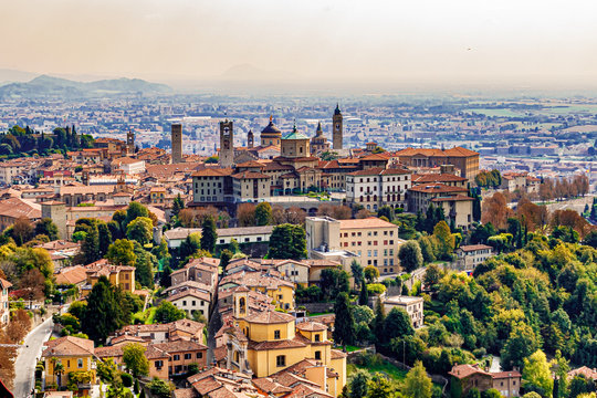 Panoramic veiw on Upper old city (Citta Alta) in Bergamo with historic buildings. 