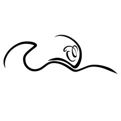 Woman swimming towards the wave, black sketch