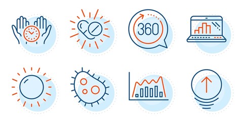 Bacteria, Safe time and Graph laptop signs. 360 degrees, Swipe up and Infographic graph line icons set. Sunny weather, Medical drugs symbols. Full rotation, Scrolling page. Science set. Vector