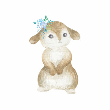 Cute Easter bunny with spring flowers. Watercolor hand painted illustration isolated on a white background.