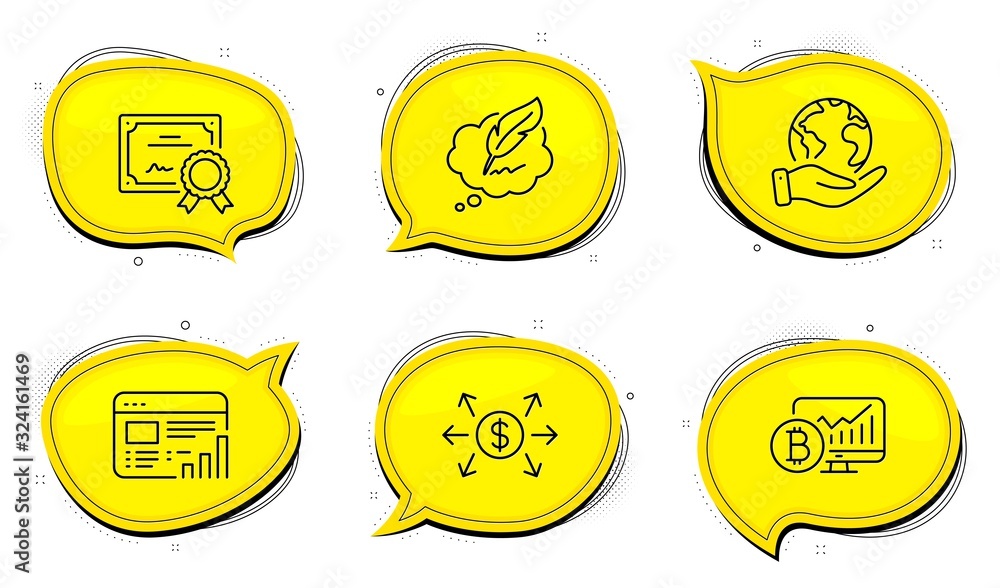 Poster bitcoin chart sign. diploma certificate, save planet chat bubbles. copyright chat, dollar exchange a