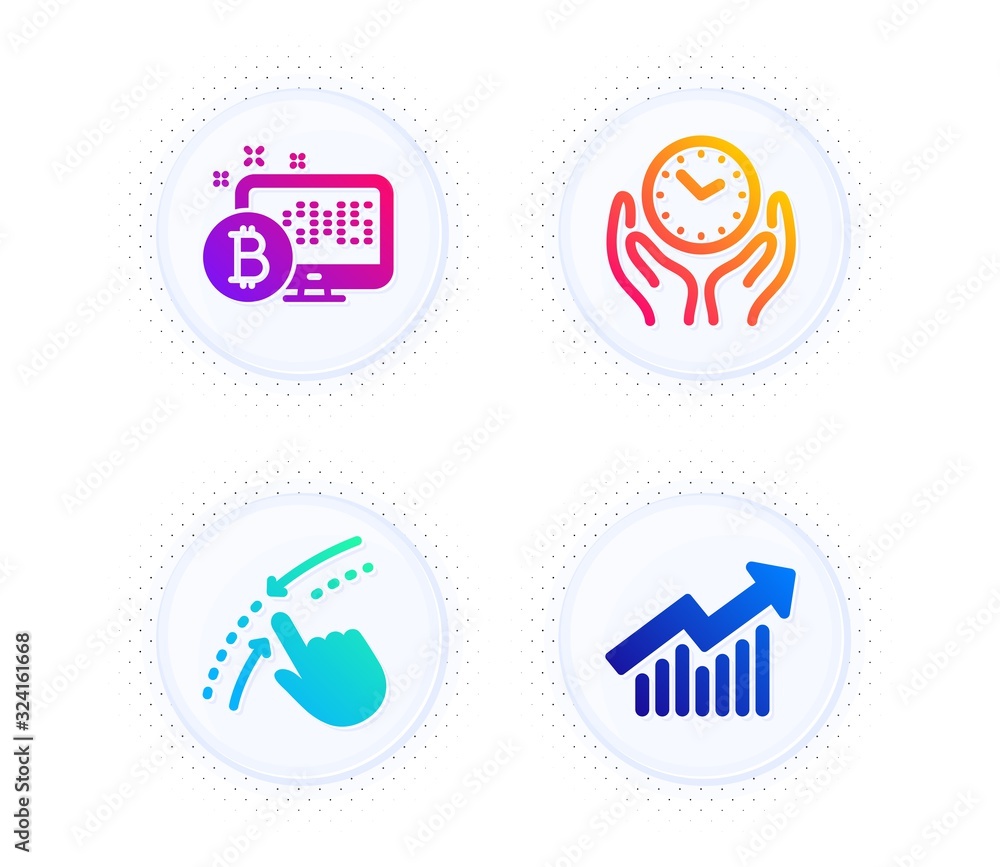 Poster Bitcoin system, Swipe up and Safe time icons simple set. Button with halftone dots. Demand curve sign. Cryptocurrency monitor, Touch down, Hold clock. Statistical report. Technology set. Vector