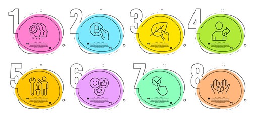Bitcoin pay, Organic tested and Hold box signs. Timeline steps infographic. Like, Refer friend and Repairman line icons set. Checkbox, Employees teamwork symbols. Social media likes, Share. Vector