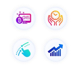 Bitcoin system, Swipe up and Safe time icons simple set. Button with halftone dots. Demand curve sign. Cryptocurrency monitor, Touch down, Hold clock. Statistical report. Technology set. Vector