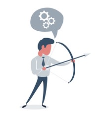Successful businessman aiming target with bow and arrow. Vector flat design illustration.