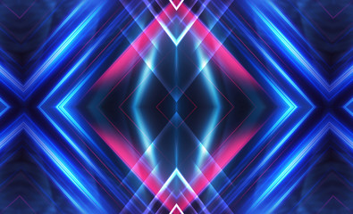 Fototapeta na wymiar Dark abstract futuristic background. Neon lines glow. Neon lines, shapes. Pink-blue glow. Empty Stage Background