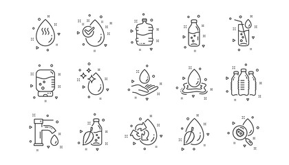 Obraz premium Bottle, Antibacterial filter and Tap water. Water drop line icons. Clean water linear icon set. Geometric elements. Quality signs set. Vector