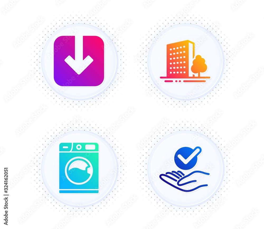 Poster buildings, washing machine and load document icons simple set. button with halftone dots. approved s