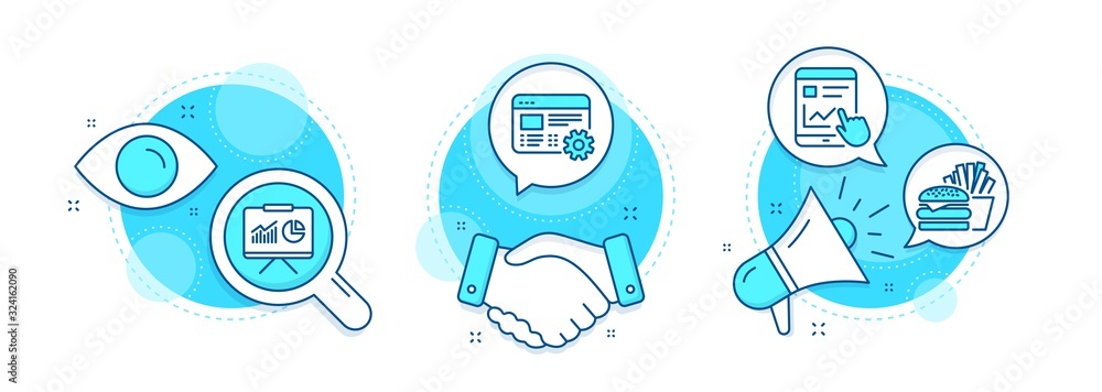 Poster burger, internet report and web settings line icons set. handshake deal, research and promotion comp