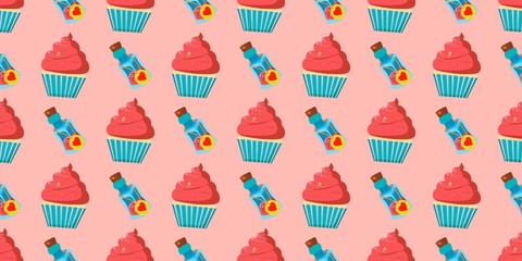Children s seamless pattern for girls. Alice in wonderland cakes and cupcakes. Magic potion. Pink background..