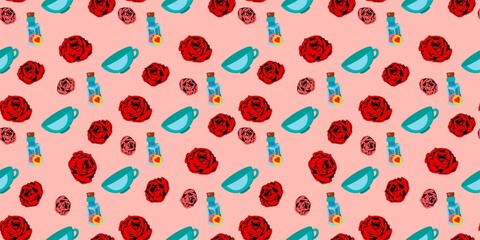 playing cards seamless pattern. Red rose on a pink background..