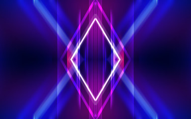 Dark abstract futuristic background. Neon lines glow. Neon lines, shapes. Pink-blue glow. Empty Stage Background