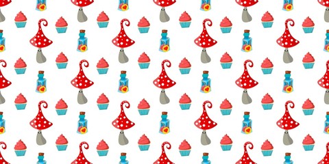 Obraz premium seamless childish pattern. Amanita mushrooms. Cupcakes and cakes. Alice in Wonderland..
