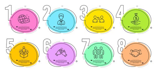 Businessman, Communication and Clapping hands signs. Timeline steps infographic. Employees teamwork, Handshake and World mail line icons set. Augmented reality, Income money symbols. Vector