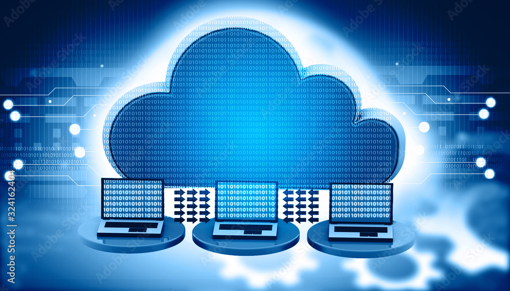 Poster cloud networking concept. cloud storage technology concept. 3d illustration.