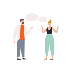 Bearded male talking to female with speech bubbles vector flat illustration. Angry couple discussing each other isolated on white background. Irritating woman and man having conversation