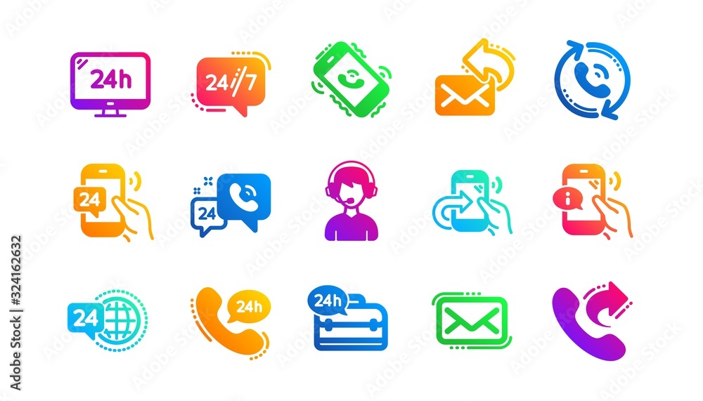 Poster call center, support and chat message. processing icons. 24 hour service classic icon set gradient p