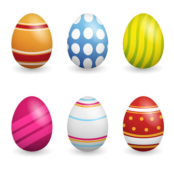 Happy Easter. Set of Easter eggs with different texture on a white background. Spring holiday. Vector Illustration. Happy easter eggs.