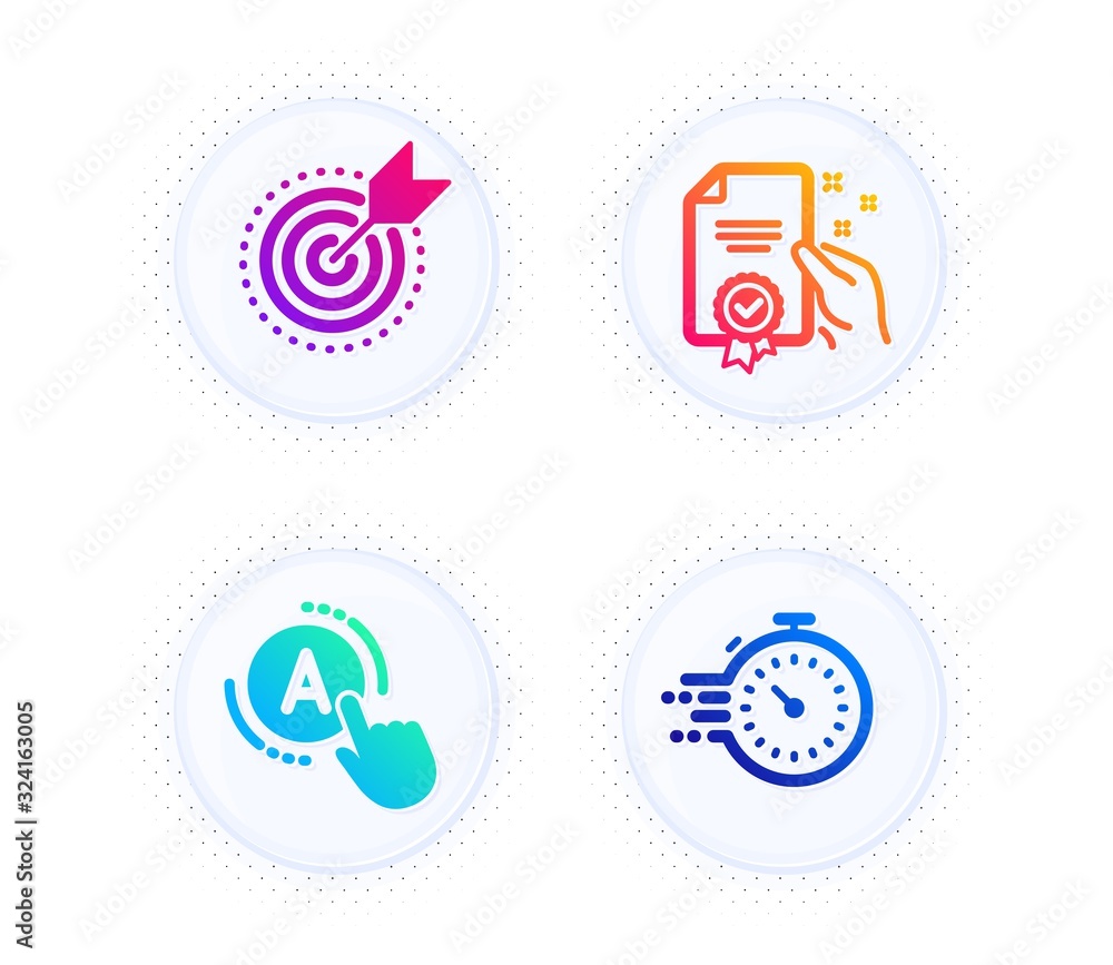 Poster certificate, ab testing and target purpose icons simple set. button with halftone dots. timer sign. 