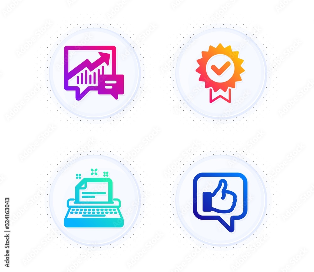 Poster certificate, typewriter and accounting icons simple set. button with halftone dots. like sign. verif