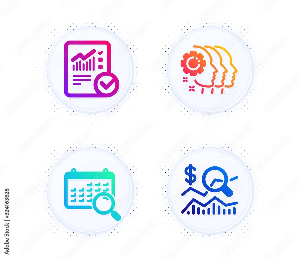 Poster checked calculation, search calendar and employees teamwork icons simple set. button with halftone d