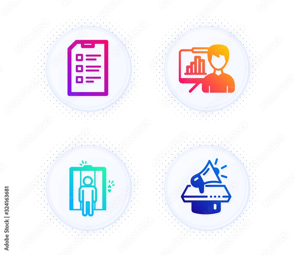Poster checklist, elevator and presentation board icons simple set. button with halftone dots. megaphone si