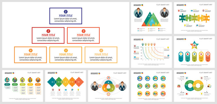 Modern infograph design set for management report layout, annual document, slide, web graphics. Business and development concept with flow diagram, bar, percentage, process, and cycle charts.
