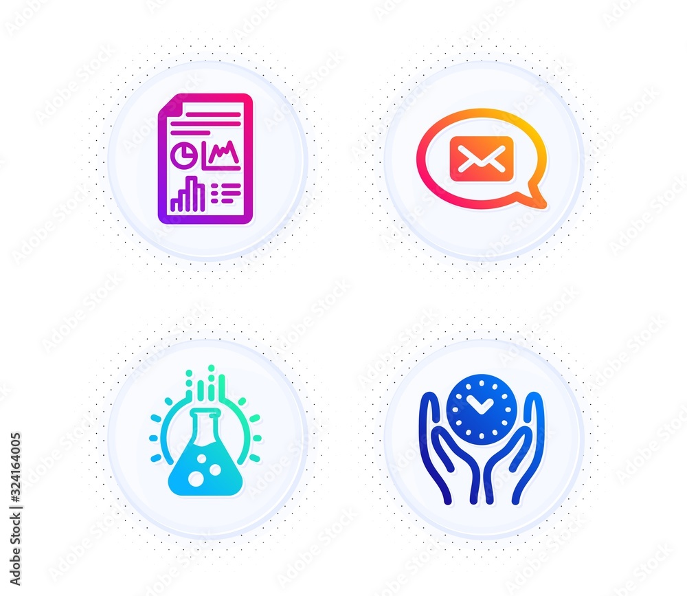 Aufkleber chemistry lab, report document and messenger icons simple set. button with halftone dots. safe time 