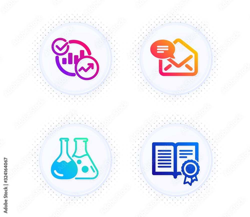 Aufkleber chemistry lab, statistics and new mail icons simple set. button with halftone dots. diploma sign. la