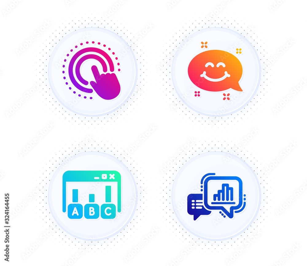 Poster click hand, survey results and smile chat icons simple set. button with halftone dots. graph chart s