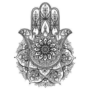 Ornate hand drawn hamsa. Popular Arabic and Jewish amulet. Vector illustration. Outline vector illustration, isolated on white background.