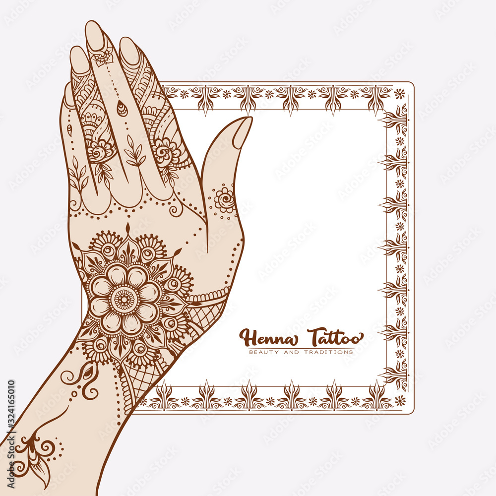 Wall mural female hands with traditional indian henna tattoo. template for tottoo salon banner, wedding invitat