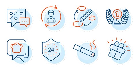 Cooking hat, Discounts and Laureate award signs. 24 hours, Human resources and Gift line icons set. Keywords, Smoking symbols. Protection, Update profile. Business set. Outline icons set. Vector