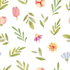 Watercolor floral seamless pattern (background, square pattern, texture) - bright spring and summer flowers, green leaves. Perfect for wrapping paper, textile.