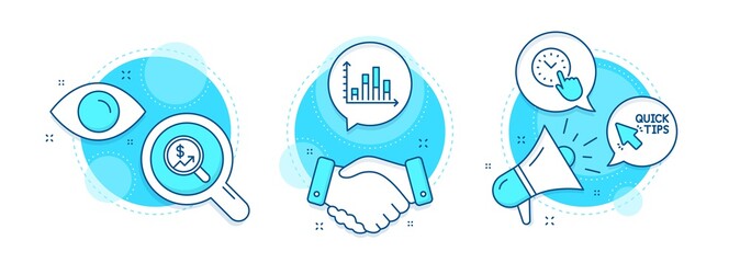 Currency audit, Quick tips and Diagram graph line icons set. Handshake deal, research and promotion complex icons. Time management sign. Money chart, Helpful tricks, Presentation chart. Vector