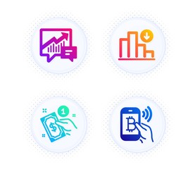 Decreasing graph, Payment method and Accounting icons simple set. Button with halftone dots. Bitcoin pay sign. Crisis chart, Give money, Supply and demand. Mobile payment. Finance set. Vector